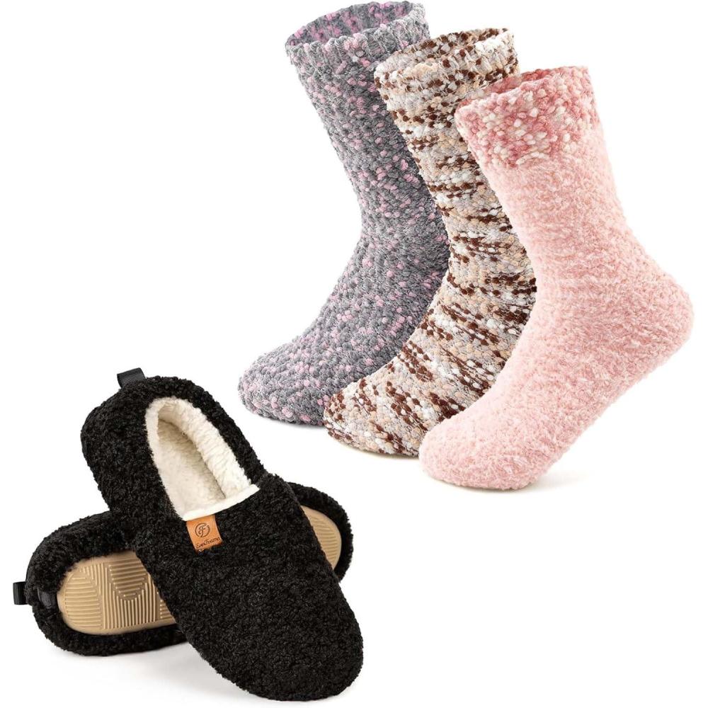 EverFoams Warm Women’s Slippers Socks Set – Soft Full Cozy Loafer Slippers (Size 8.5, Black) – Cozy Chenille Socks 3-Pair Set (Free Size, Misty Pastels)