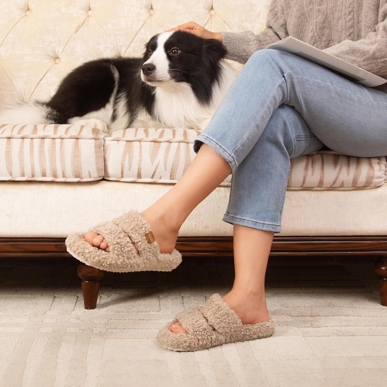EverFoams Womens Fuzzy Open-toe Slippers Soft Comfy Memory Foam Indoor House Shoes(Vintage Khaki)