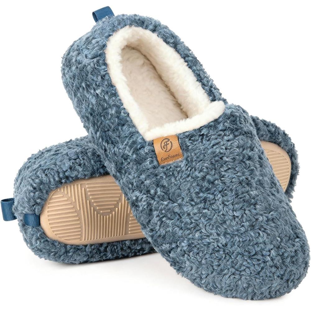 EverFoams Women’s Soft Curly Full Slippers Memory Foam Lightweight House Shoes Cozy Loafer with Polar Fleece Lining(Blue)