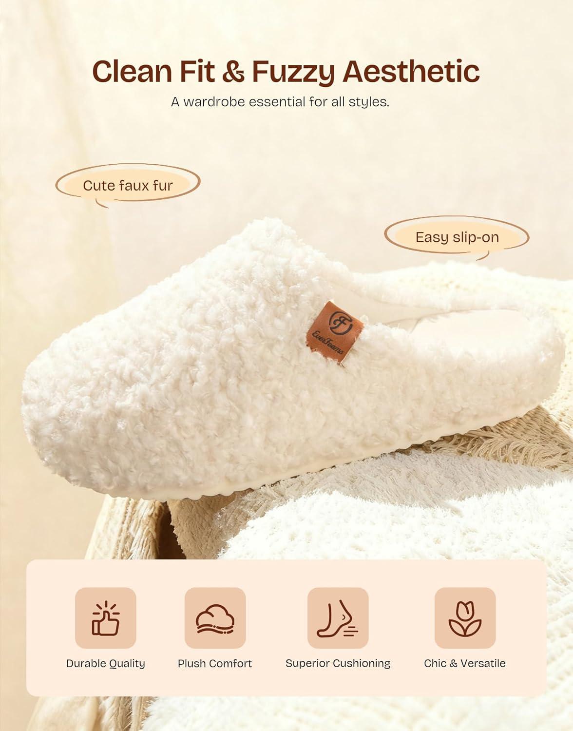 EverFoams Women‘s Fuzzy Clog Slippers with Slip on Footbed for Indoor Outdoor(Almond Ivory)