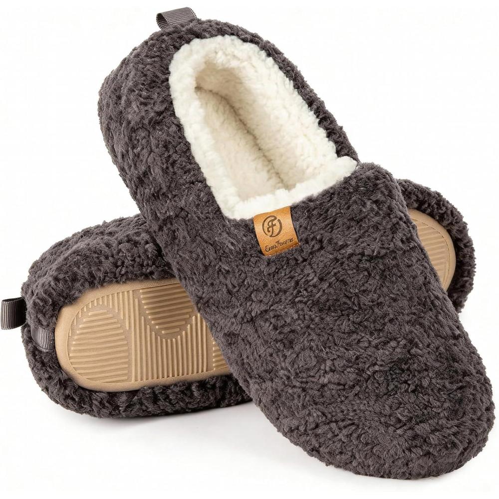 EverFoams Women’s Soft Curly Full Slippers Memory Foam Lightweight House Shoes Cozy Loafer with Polar Fleece Lining(Dark Grey)