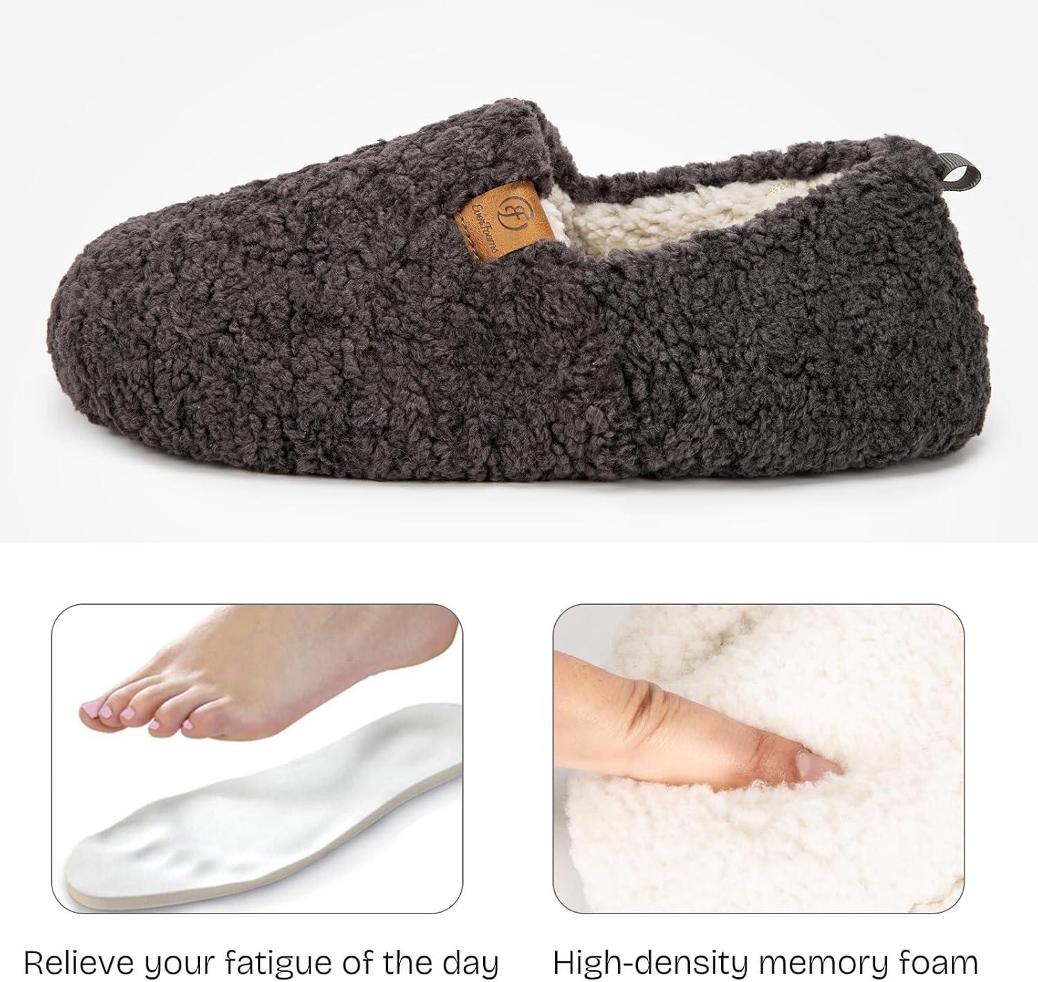 EverFoams Women’s Soft Curly Full Slippers Memory Foam Lightweight House Shoes Cozy Loafer with Polar Fleece Lining(Dark Grey)