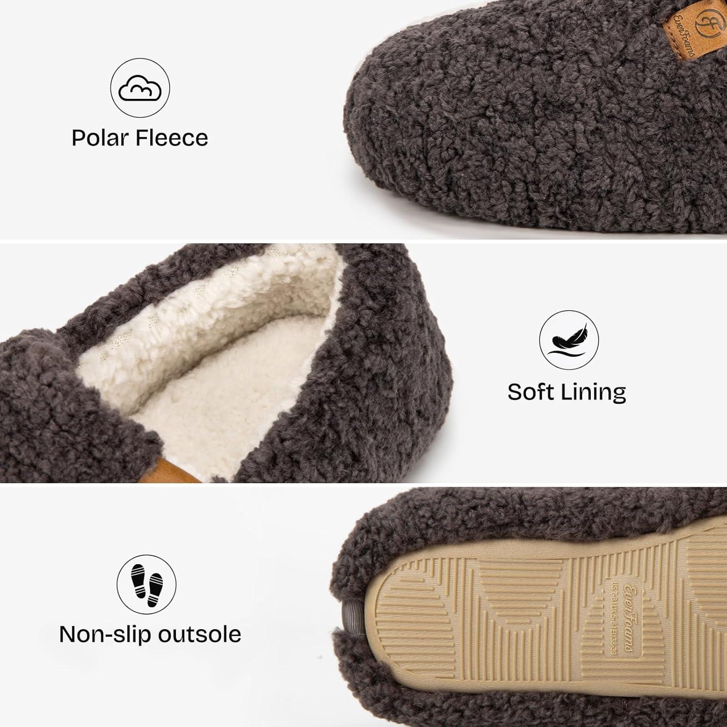 EverFoams Women’s Soft Curly Full Slippers Memory Foam Lightweight House Shoes Cozy Loafer with Polar Fleece Lining(Dark Grey)