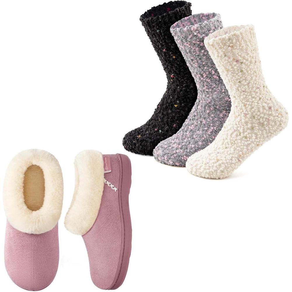 EverFoams Women’s Winer Slipper Socks Set – Women’s Microsuede Slippers (Size 7-8, Pink) – Cozy Chenille Socks 3-Pair Set (Free Size, Timeless Mix)