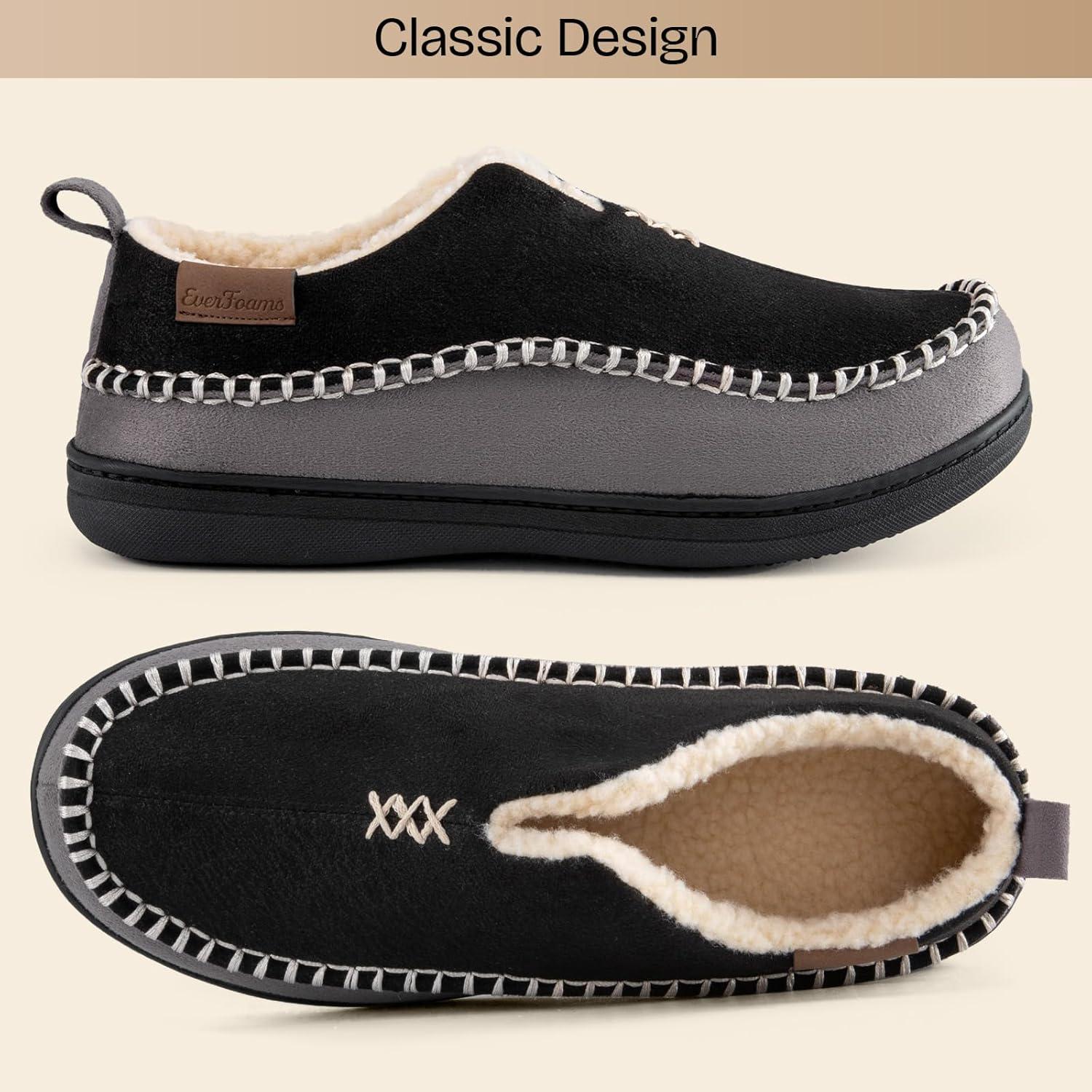 EverFoams Men’s Moccasin Slippers Memory Foam Indoor/Outdoor Warm Suede House Shoes with Fuzzy Sherpa Lining(Black)