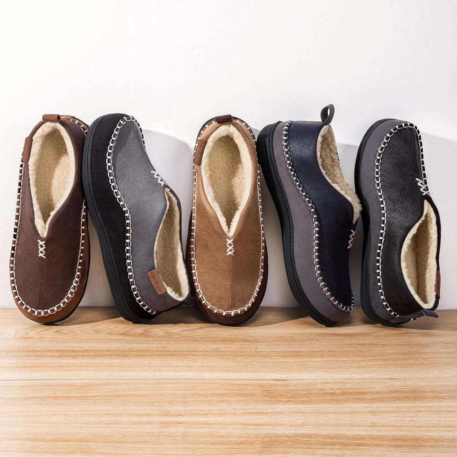 EverFoams Men’s Moccasin Slippers Memory Foam Indoor/Outdoor Warm Suede House Shoes with Fuzzy Sherpa Lining(Black)