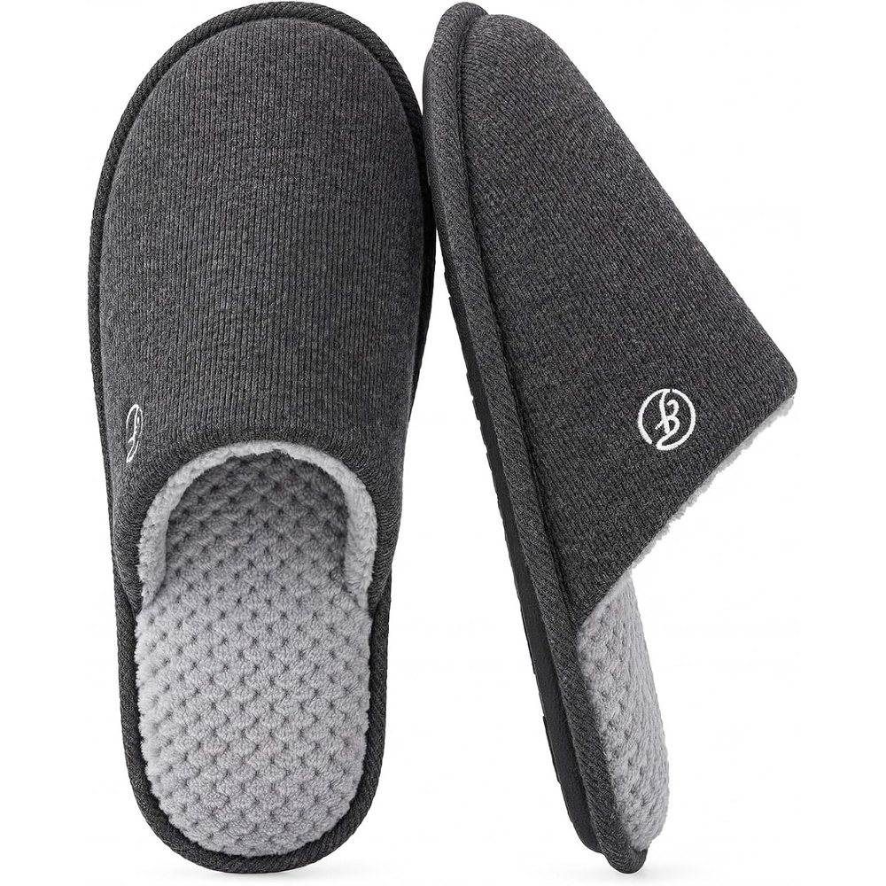 EverFoams Men’s Cotton Knit Slippers Lightweight Memory Foam Indoor Breathable House Shoes with Anti-Skid Sole(Lead Gray)
