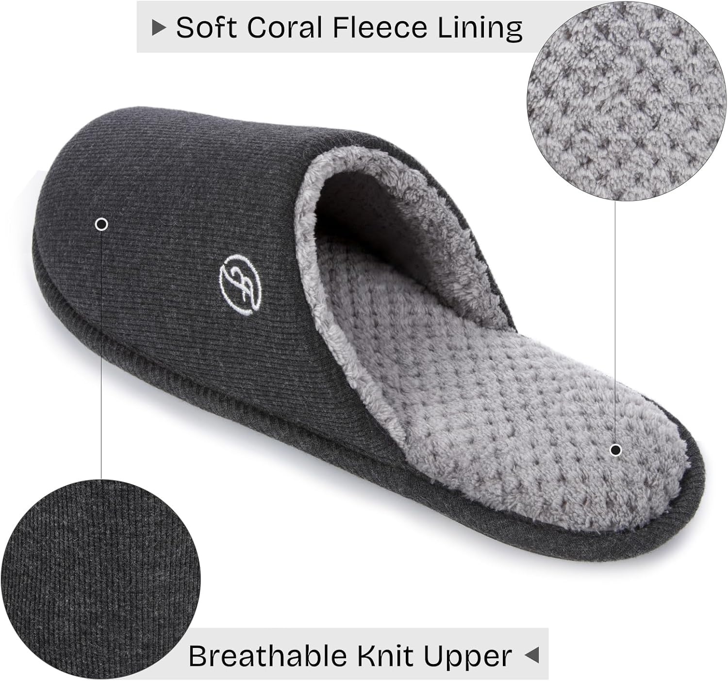 EverFoams Men’s Cotton Knit Slippers Lightweight Memory Foam Indoor Breathable House Shoes with Anti-Skid Sole(Lead Gray)
