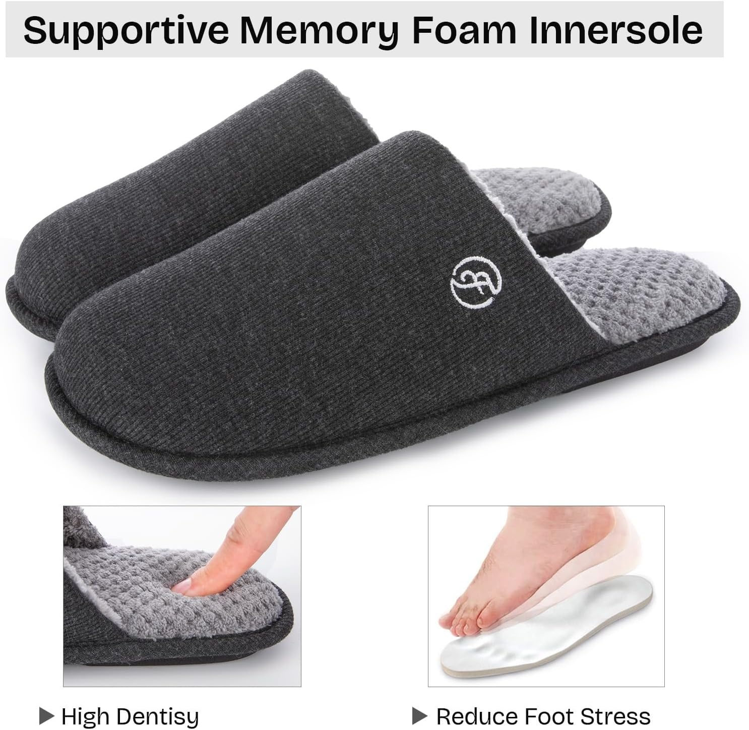 EverFoams Men’s Cotton Knit Slippers Lightweight Memory Foam Indoor Breathable House Shoes with Anti-Skid Sole(Lead Gray)