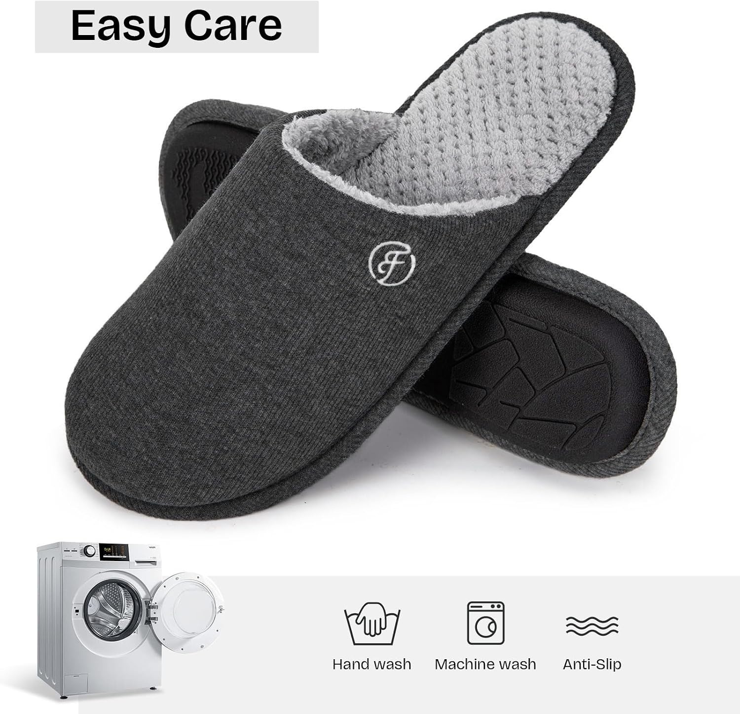 EverFoams Men’s Cotton Knit Slippers Lightweight Memory Foam Indoor Breathable House Shoes with Anti-Skid Sole(Lead Gray)