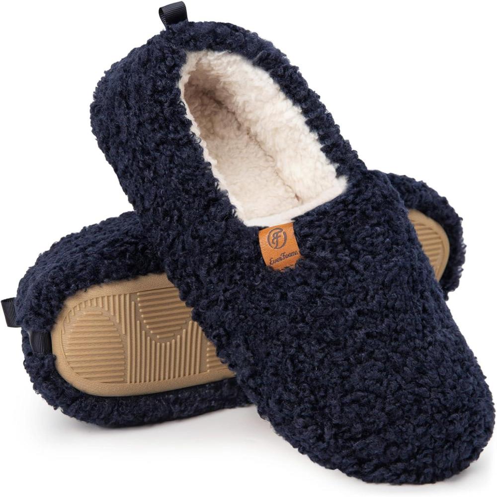 EverFoams Women’s Soft Curly Full Slippers Memory Foam Lightweight House Shoes Cozy Loafer with Polar Fleece Lining(Dark Navy)