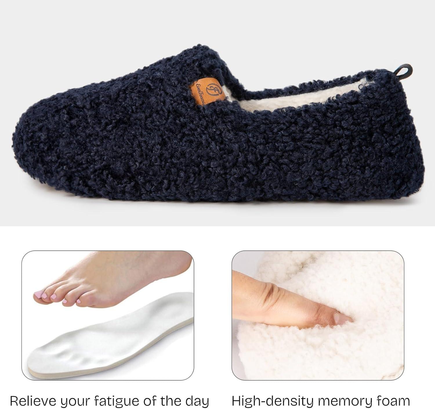 EverFoams Women’s Soft Curly Full Slippers Memory Foam Lightweight House Shoes Cozy Loafer with Polar Fleece Lining(Dark Navy)