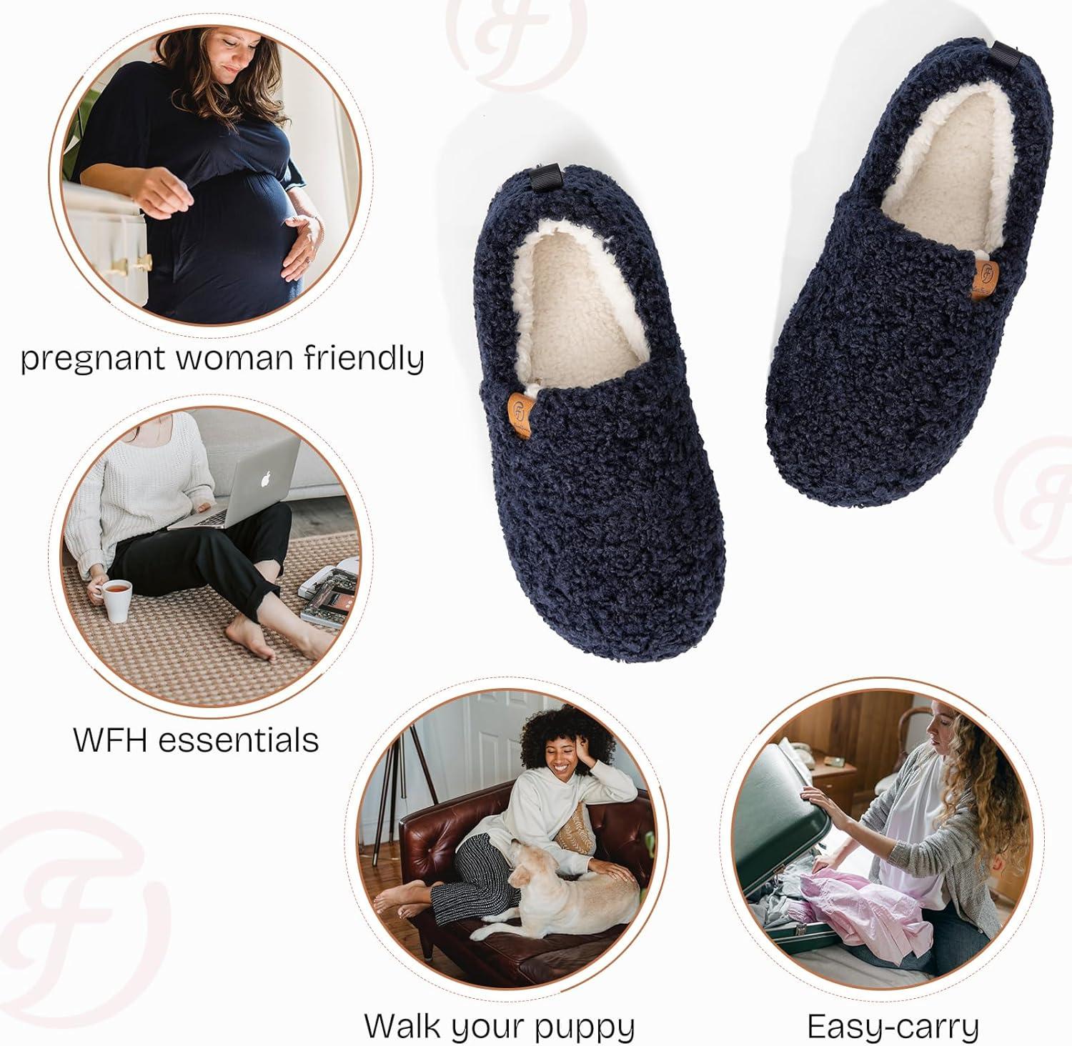 EverFoams Women’s Soft Curly Full Slippers Memory Foam Lightweight House Shoes Cozy Loafer with Polar Fleece Lining(Dark Navy)