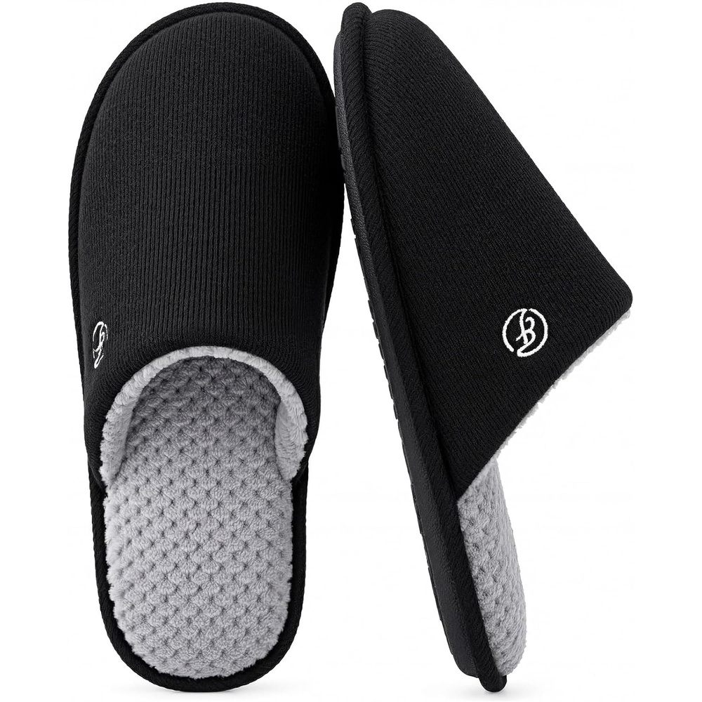 EverFoams Men’s Cotton Knit Slippers Lightweight Memory Foam Indoor Breathable House Shoes with Anti-Skid Sole(Spaceblack)