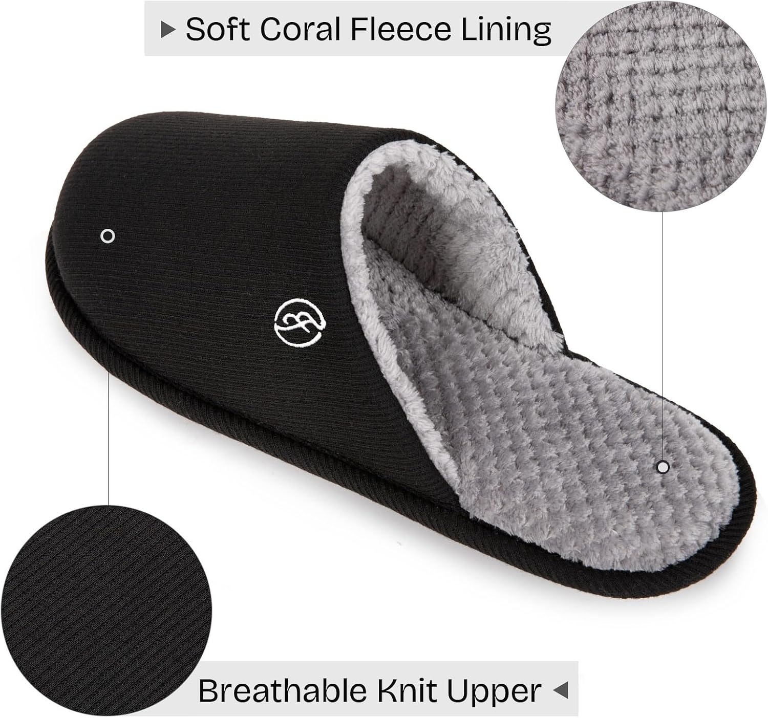 EverFoams Men’s Cotton Knit Slippers Lightweight Memory Foam Indoor Breathable House Shoes with Anti-Skid Sole(Spaceblack)