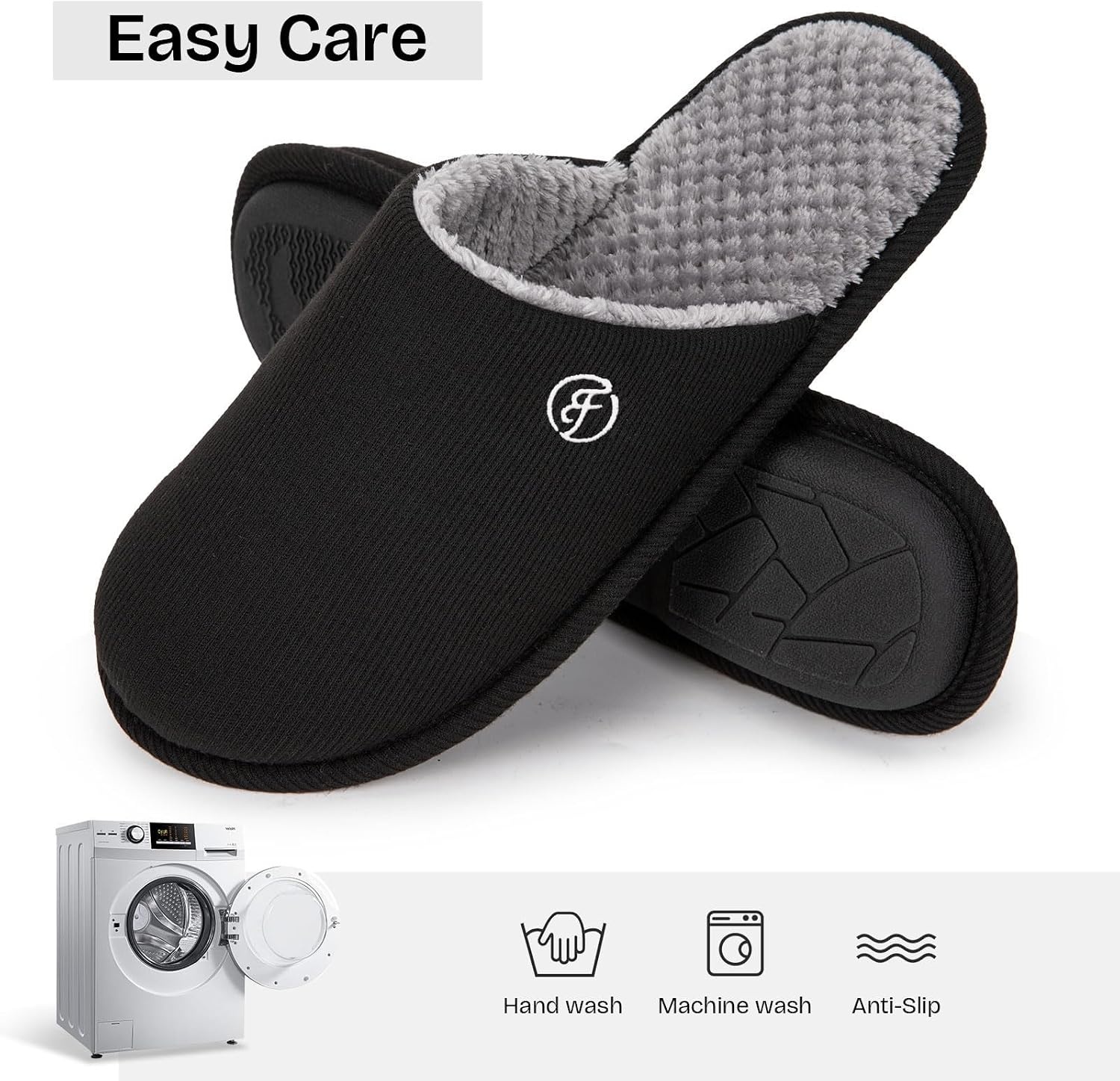 EverFoams Men’s Cotton Knit Slippers Lightweight Memory Foam Indoor Breathable House Shoes with Anti-Skid Sole(Spaceblack)