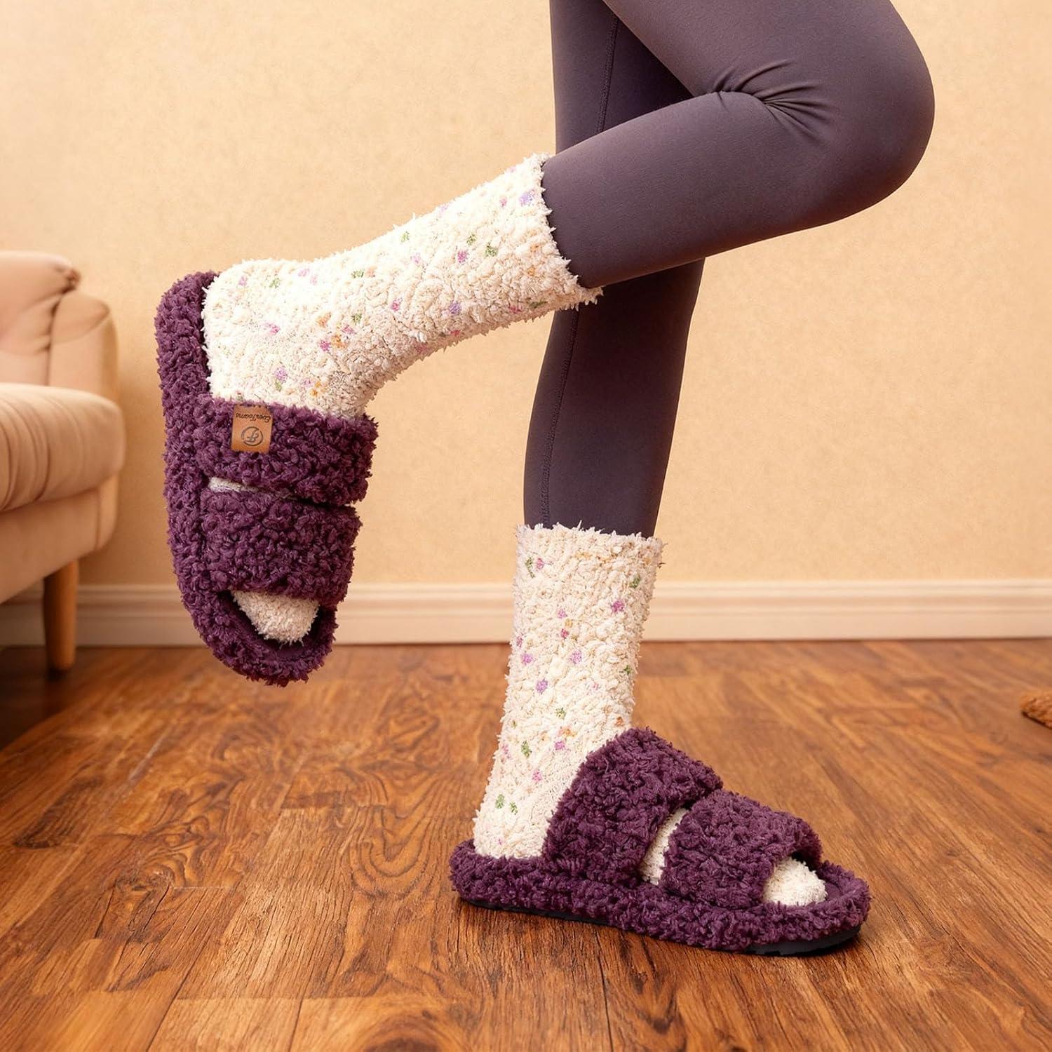 EverFoams Women’s Slipper Socks Combo – Fuzzy Open-toe Slippers (Size 7-8, Dark Purple) – Cozy Chenille Socks 3-Pair Set (Free Size, Cute Girly)