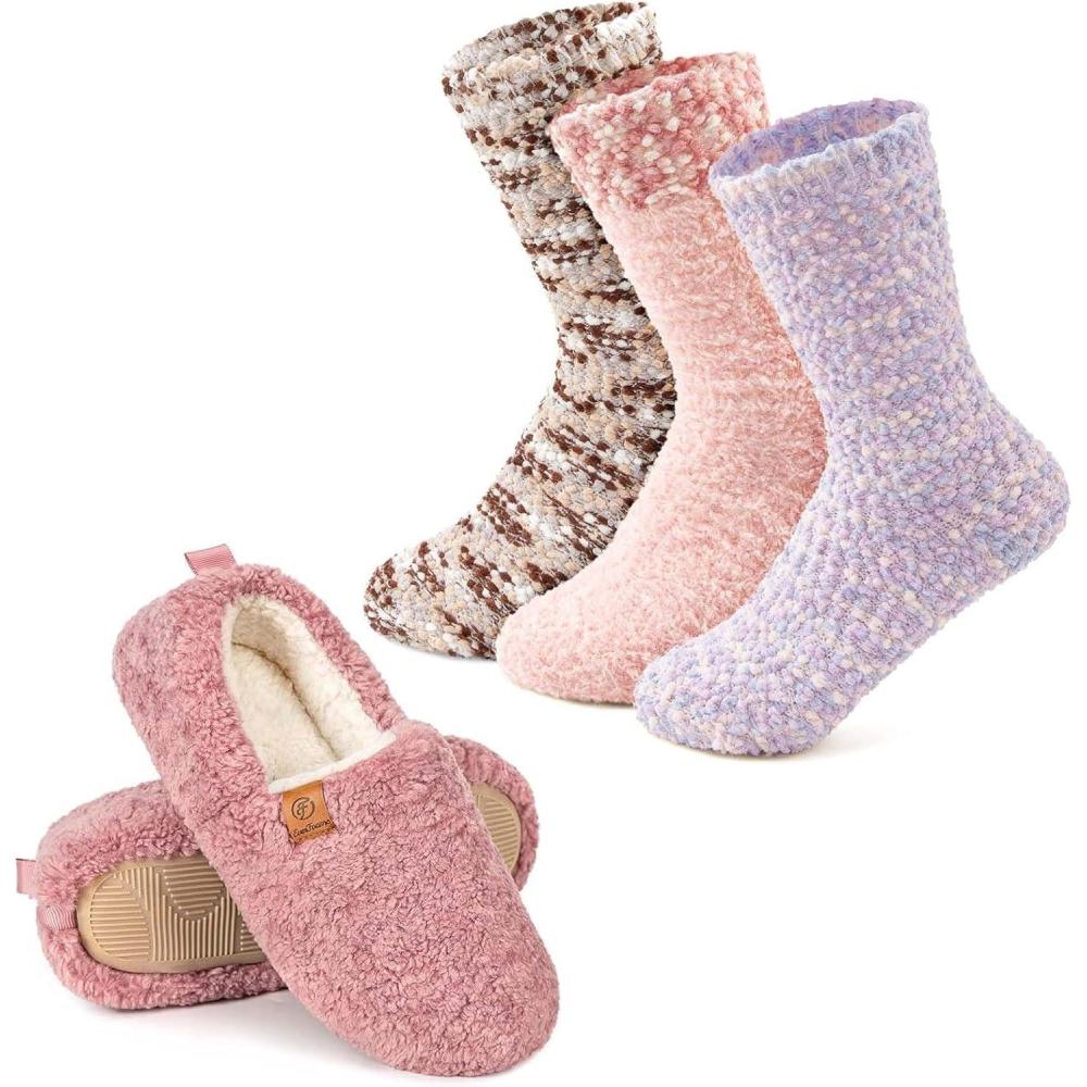 EverFoams Warm Women’s Slippers Socks Set – Soft Full Cozy Loafer Slippers (Size 8.5, Pink) – Cozy Chenille Socks 3-Pair Set (Free Size, Fairy Fluff)
