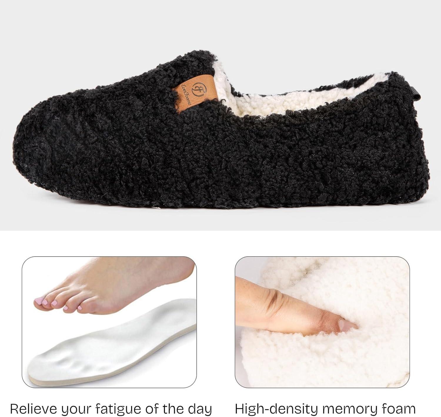 EverFoams Women’s Soft Curly Full Slippers Memory Foam Lightweight House Shoes Cozy Loafer with Polar Fleece Lining(Black)