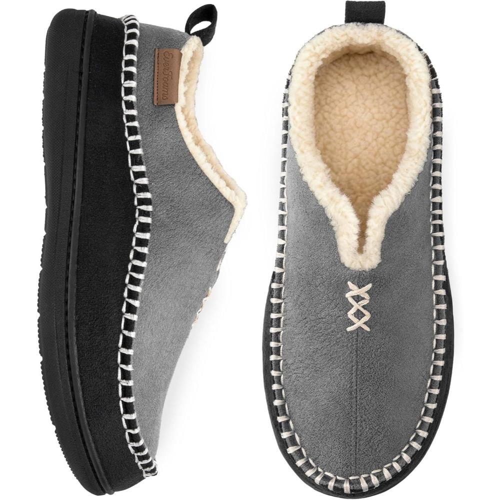 EverFoams Men’s Moccasin Slippers Memory Foam Indoor/Outdoor Warm Suede House Shoes with Fuzzy Sherpa Lining(Grey)