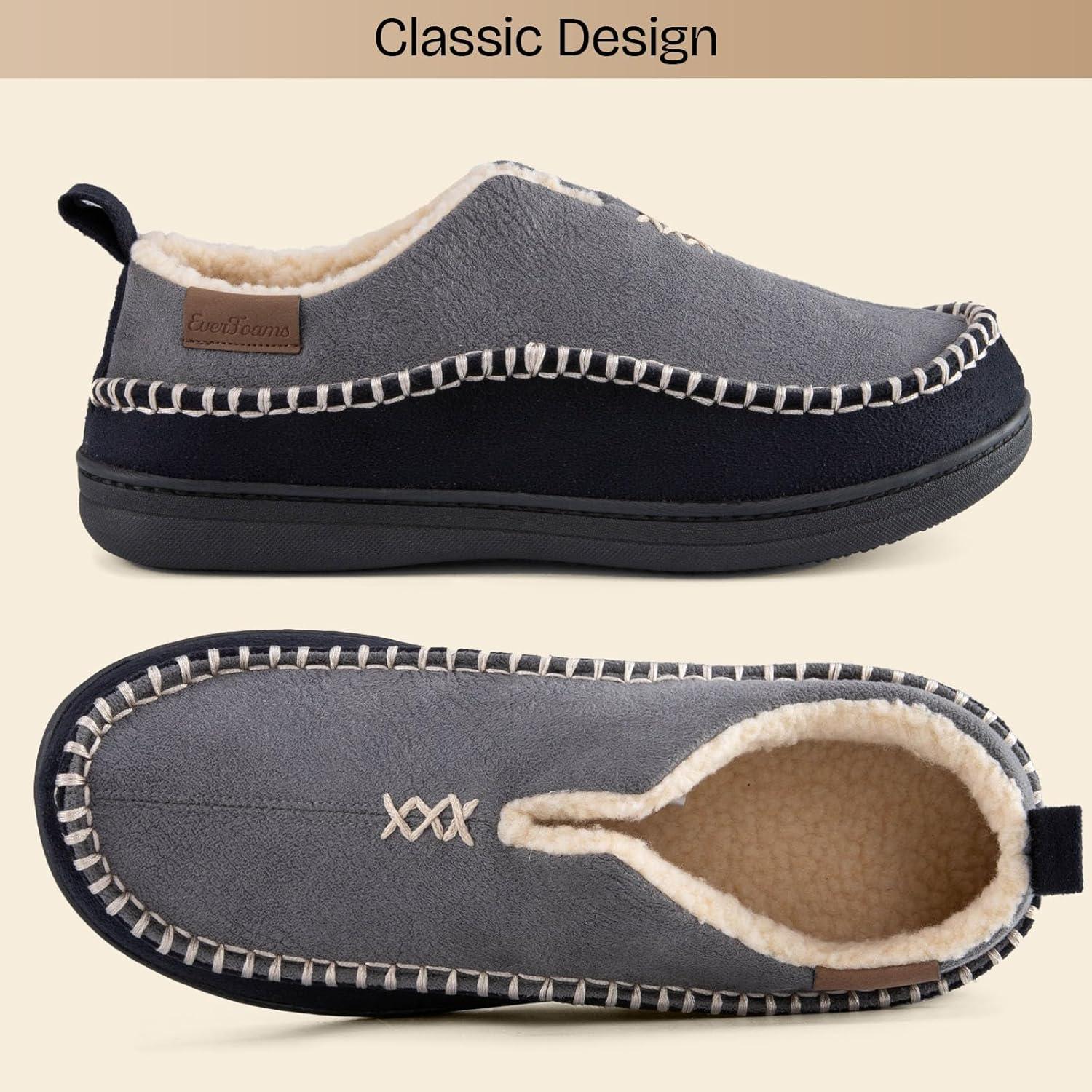 EverFoams Men’s Moccasin Slippers Memory Foam Indoor/Outdoor Warm Suede House Shoes with Fuzzy Sherpa Lining(Grey)