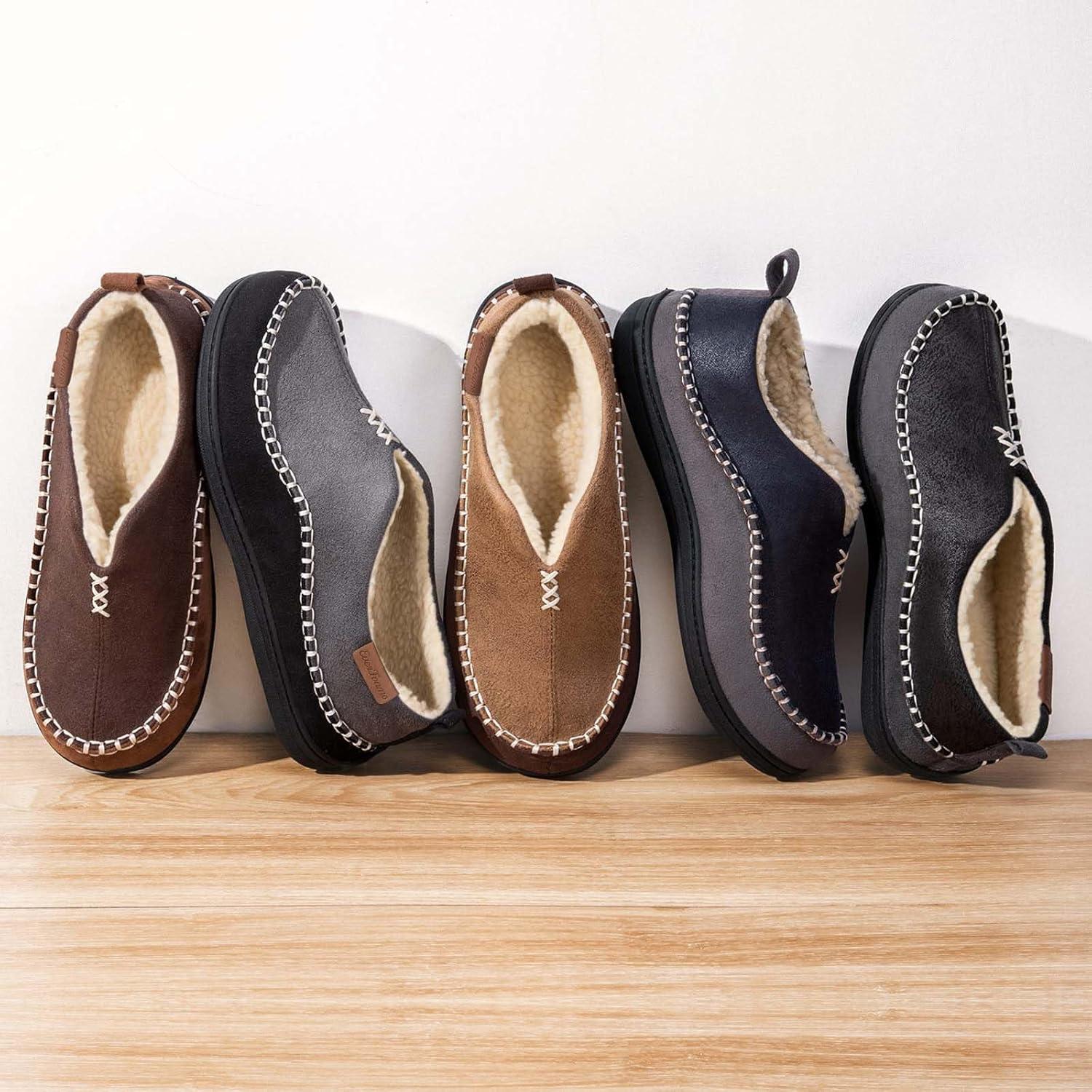 EverFoams Men’s Moccasin Slippers Memory Foam Indoor/Outdoor Warm Suede House Shoes with Fuzzy Sherpa Lining(Grey)