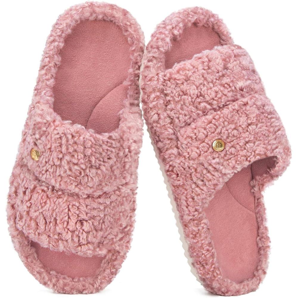 EverFoams Women’s Fashionable Open-toe Slippers with Cozy Plush Non-Slip Sole(Blush Pink)