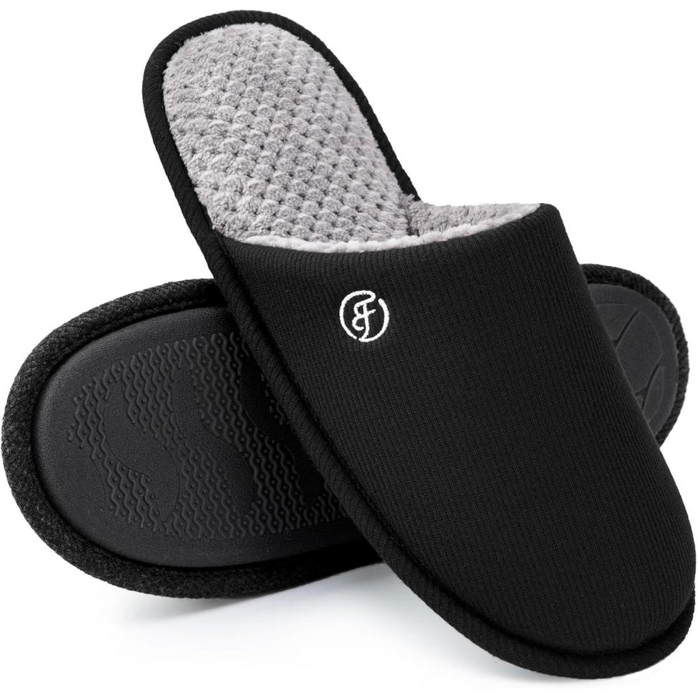 EverFoams Men’s Cotton Knit Slippers Lightweight Memory Foam Indoor House Shoes with Anti-Skid Sole(Spaceblack)