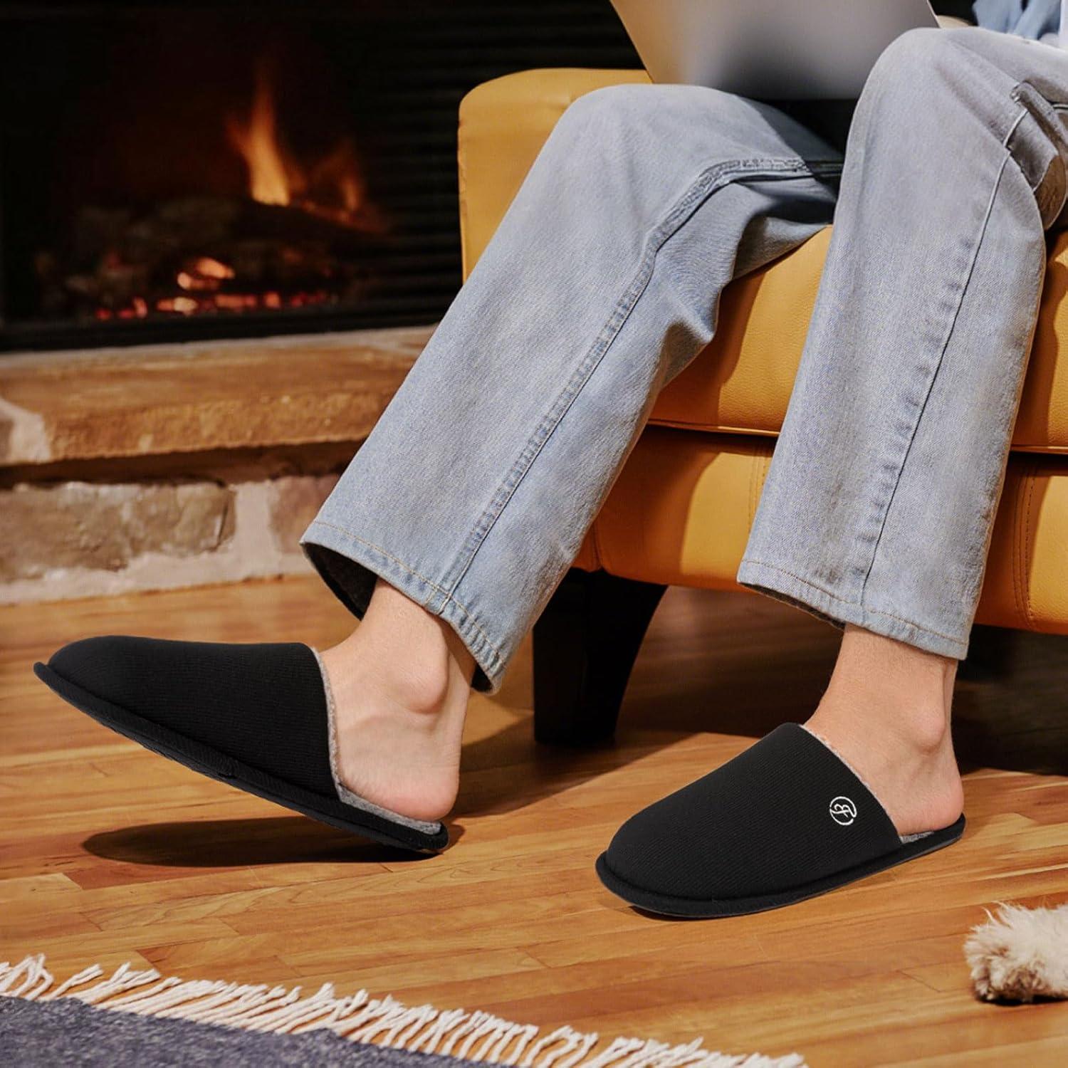 EverFoams Men’s Cotton Knit Slippers Lightweight Memory Foam Indoor House Shoes with Anti-Skid Sole(Spaceblack)