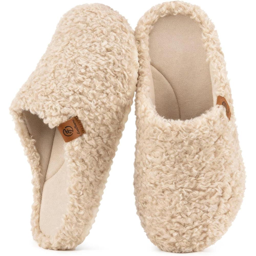 EverFoams Women‘s Fuzzy Clog Slippers with Slip on Cork Footbed for Indoor Outdoor(Butter Beige)