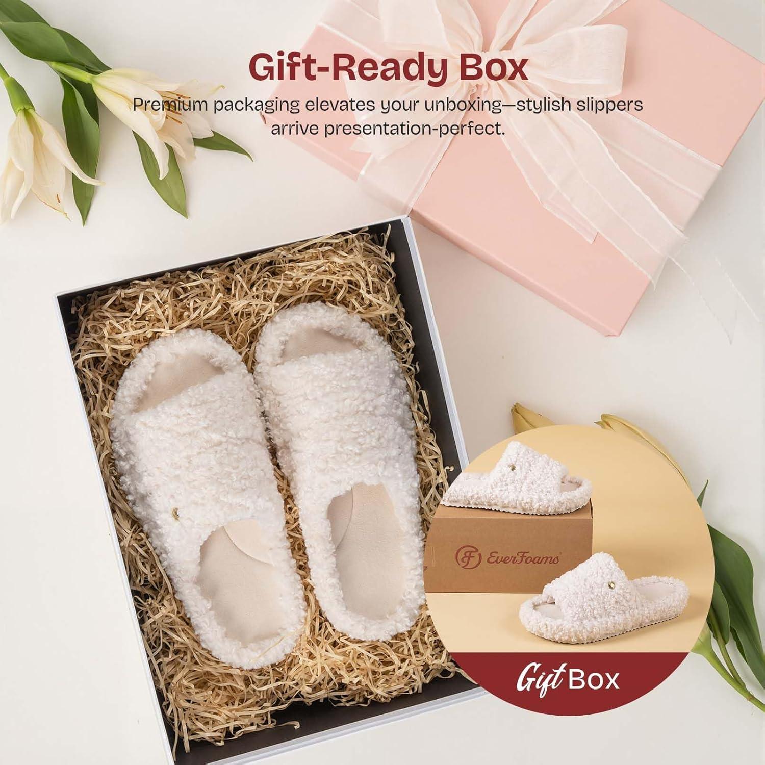 EverFoams Women’s Fashionable Open-toe Slippers with Cozy Plush Non-Slip Sole(Cream White)