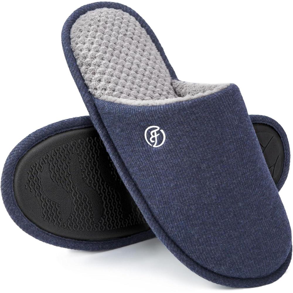 EverFoams Men’s Cotton Knit Slippers Lightweight Memory Foam Indoor House Shoes with Anti-Skid Sole(Navy Blue)
