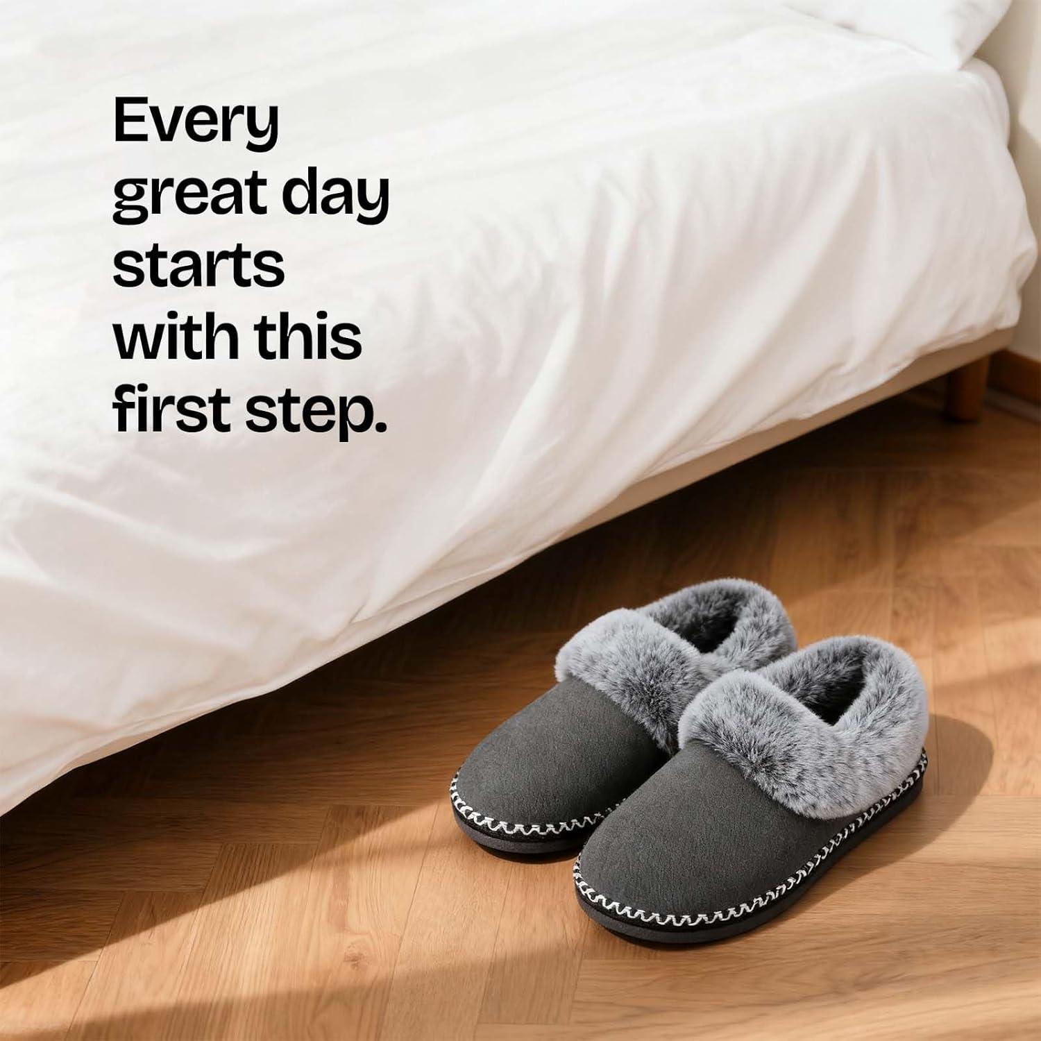 EverFoams Women’s Bootie Slippers Warm Soft Comfy Memory Foam Non-slip Indoor House Shoes with Fluffy Collar(Grey)