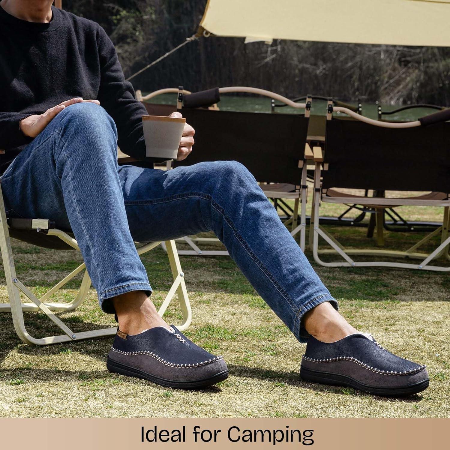EverFoams Men’s Moccasin Slippers Memory Foam Indoor/Outdoor Warm Suede House Shoes with Fuzzy Sherpa Lining(Navy)