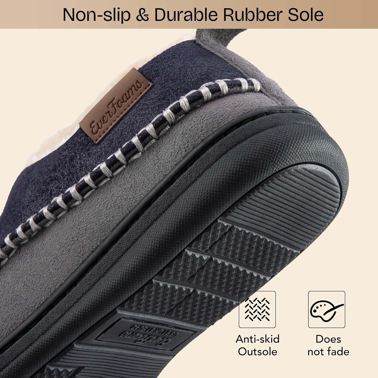 EverFoams Men’s Moccasin Slippers Memory Foam Indoor/Outdoor Warm Suede House Shoes with Fuzzy Sherpa Lining(Navy)