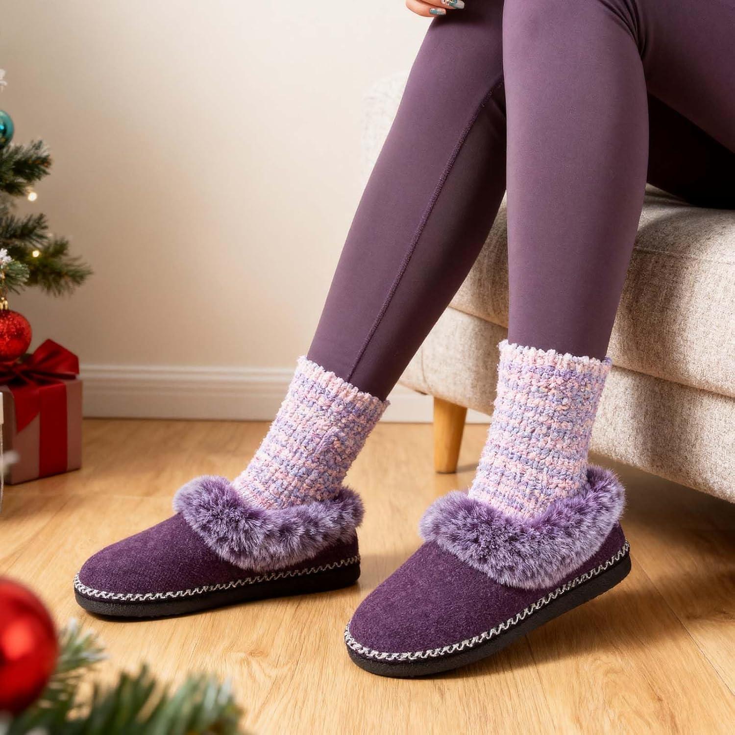 EverFoams Women’s Winer Slipper Socks Set – Women’s Bootie Slippers (Size 6, Purple) – Cozy Chenille Socks 3-Pair Set (Free Size, Cute Girly)