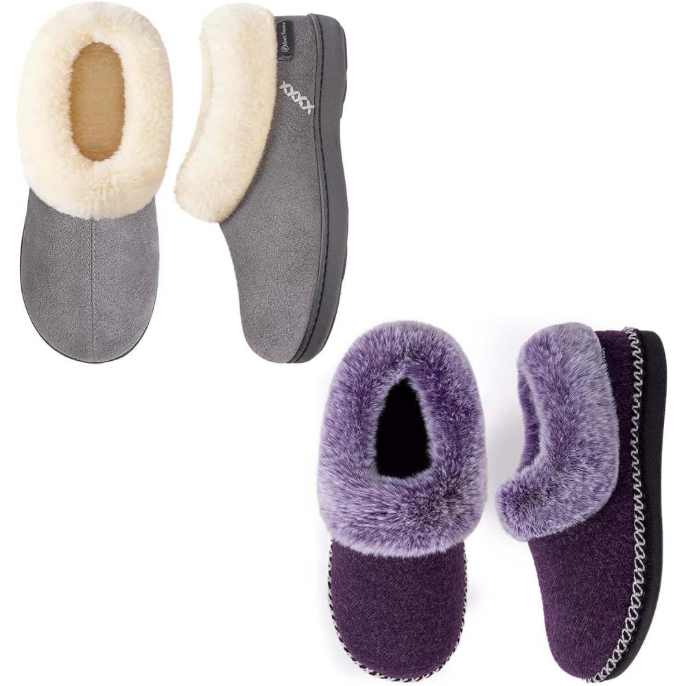 EverFoams Women’s Set of 2 Pairs – Women’s Bootie Slippers (Size 10, Purple) – Microsuede Cozy Memory Foam Slippers (Size 7, Grey)