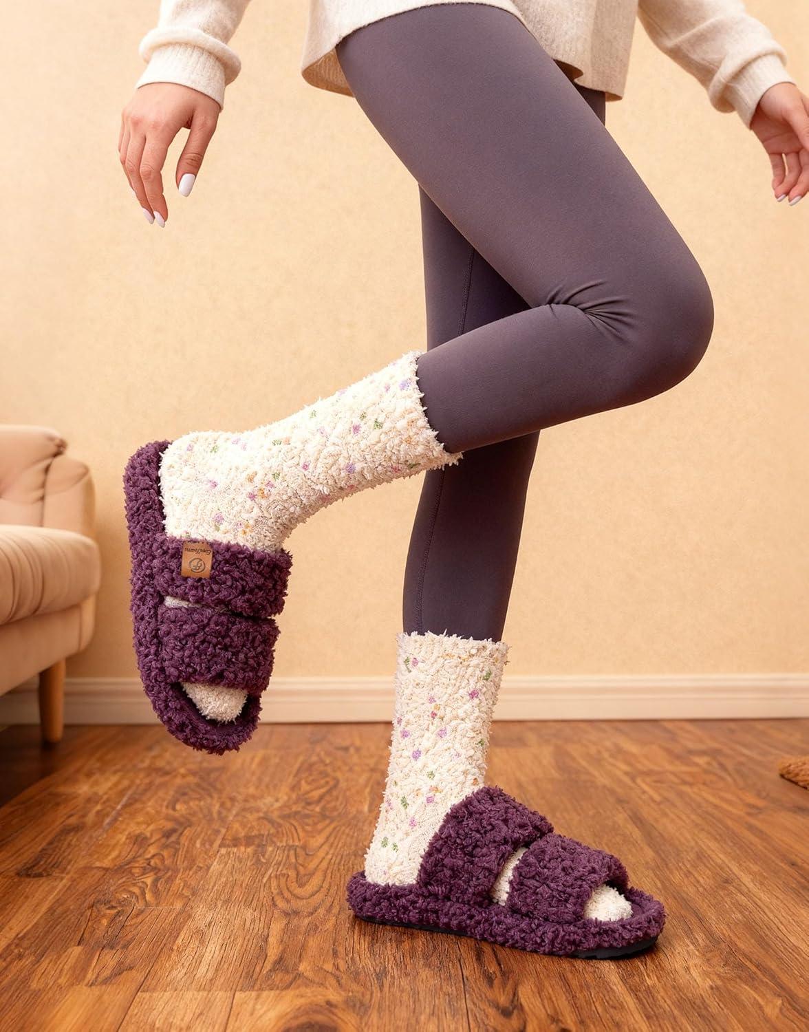 EverFoams Warm Women’s Slippers Socks Set – Soft Full Cozy Loafer Slippers (Size 9-10, Grey) – Cozy Chenille Socks 3-Pair Set (Free Size, Timeless Mix)
