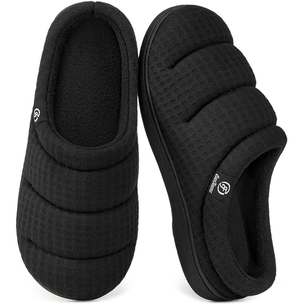 EverFoams Women’s Cozy Waffle Slippers Soft Quilted Memory Foam Indoor House Shoes(Dark Black)