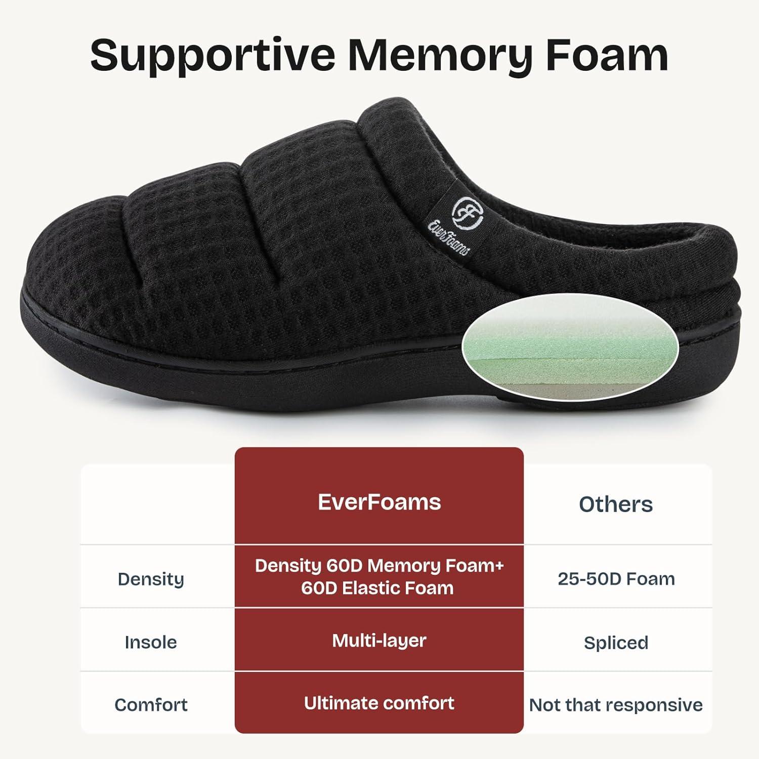 EverFoams Women’s Cozy Waffle Slippers Soft Quilted Memory Foam Indoor House Shoes(Dark Black)