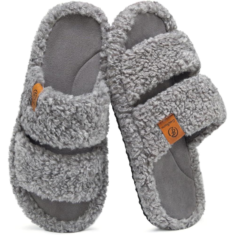 EverFoams Womens Fuzzy Open-toe Slippers Soft Comfy Memory Foam Indoor House Shoes(Cool Gray)