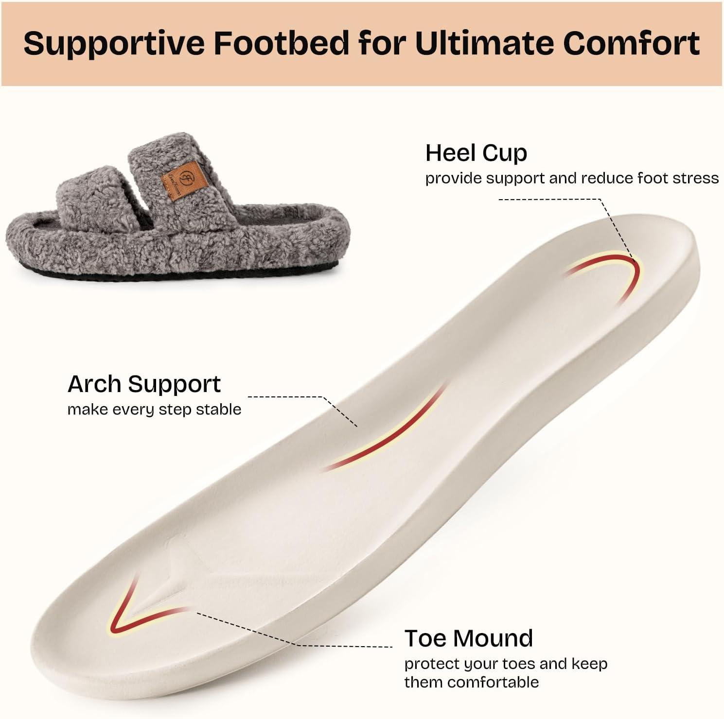 EverFoams Womens Fuzzy Open-toe Slippers Soft Comfy Memory Foam Indoor House Shoes(Cool Gray)