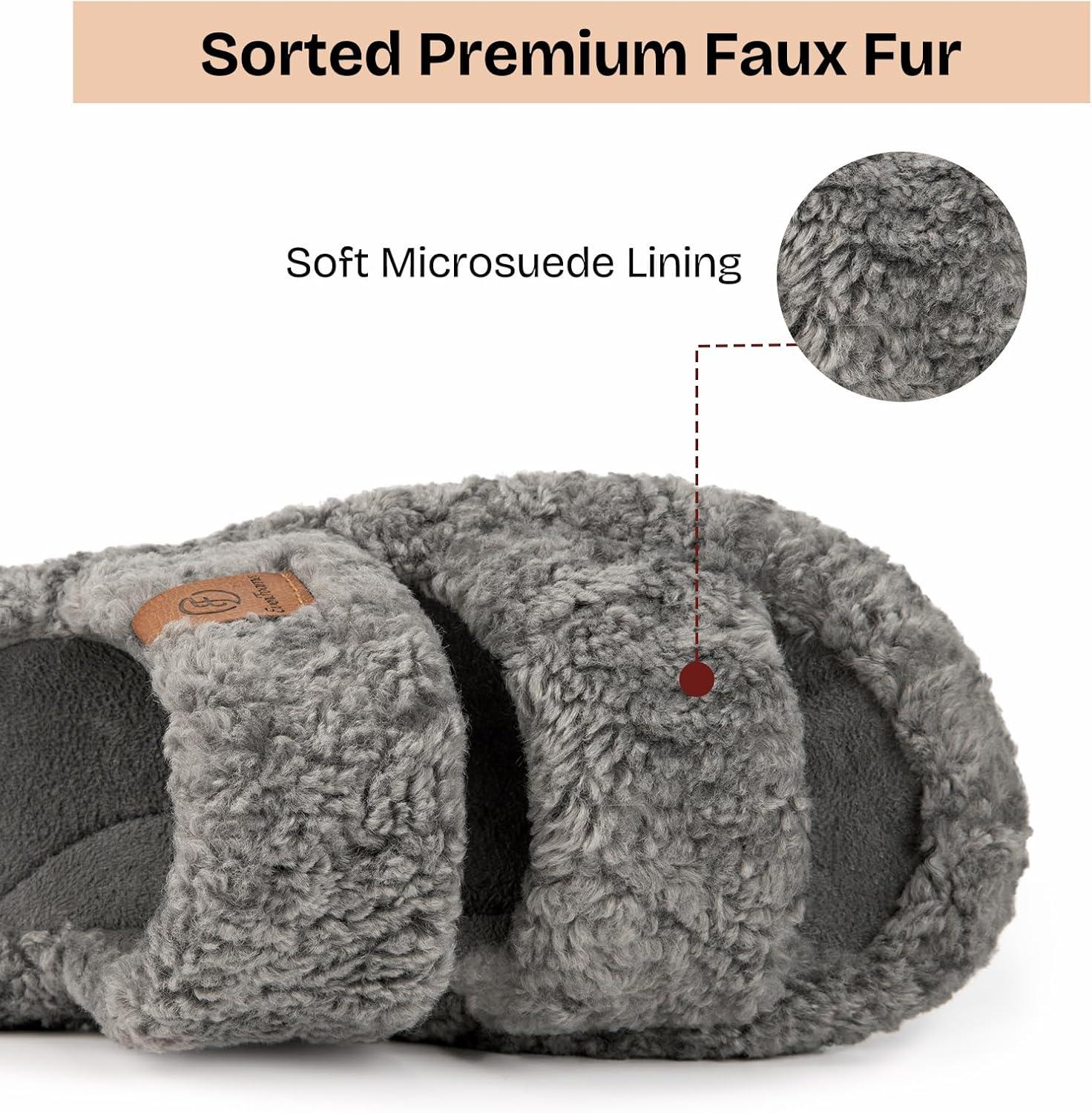 EverFoams Womens Fuzzy Open-toe Slippers Soft Comfy Memory Foam Indoor House Shoes(Cool Gray)