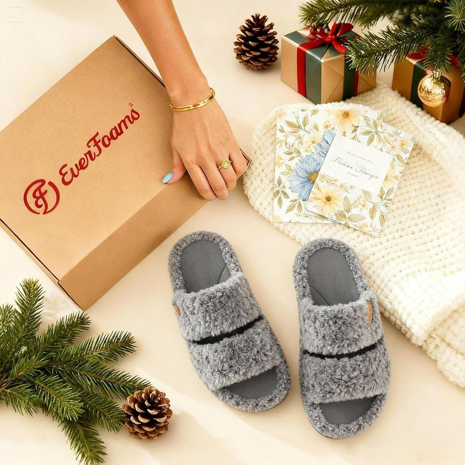 EverFoams Womens Fuzzy Open-toe Slippers Soft Comfy Memory Foam Indoor House Shoes(Cool Gray)