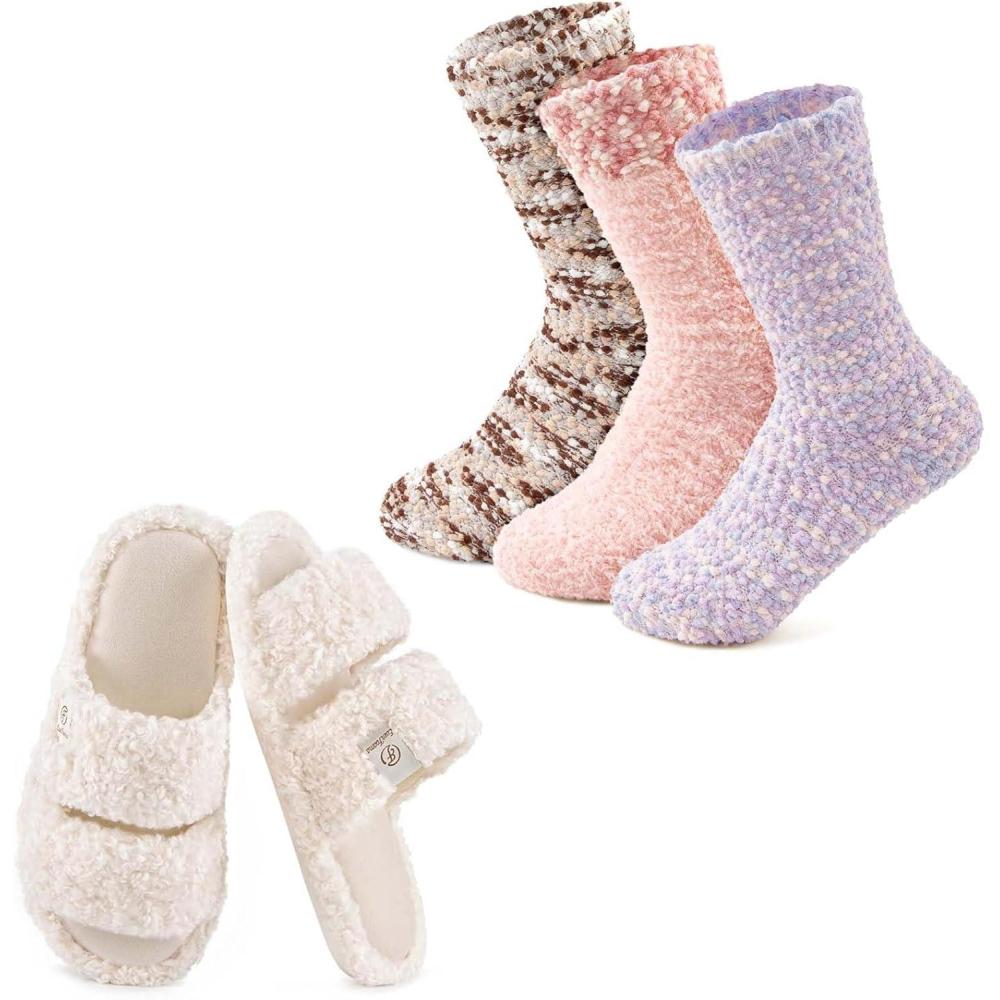 EverFoams Women’s Set of 2 Pairs Slipper Socks – Chic Open Toe Slippers (Size 9-10, Cream White) – Cozy Chenille Socks 3-Pair Set (Free Size, Fairy Fluff)