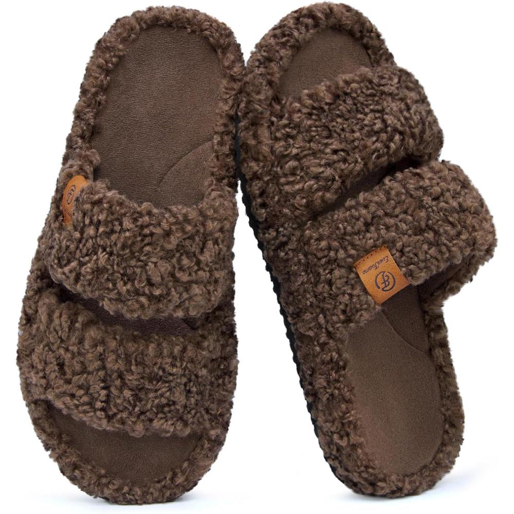 EverFoams Womens Fuzzy Open-toe Slippers Soft Comfy Memory Foam Indoor House Shoes(Elegant Mocha)