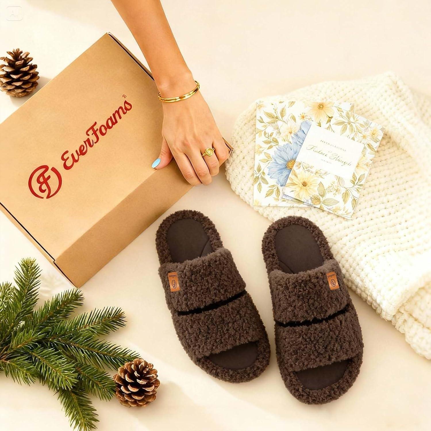 EverFoams Womens Fuzzy Open-toe Slippers Soft Comfy Memory Foam Indoor House Shoes(Elegant Mocha)