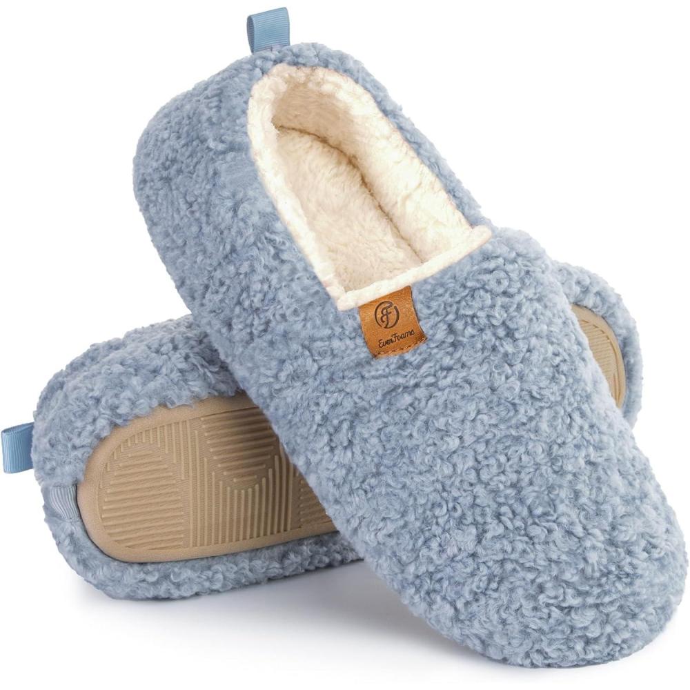 EverFoams Women’s Soft Curly Full Slippers Memory Foam Lightweight House Shoes Cozy Loafer with Polar Fleece Lining(Light Blue)