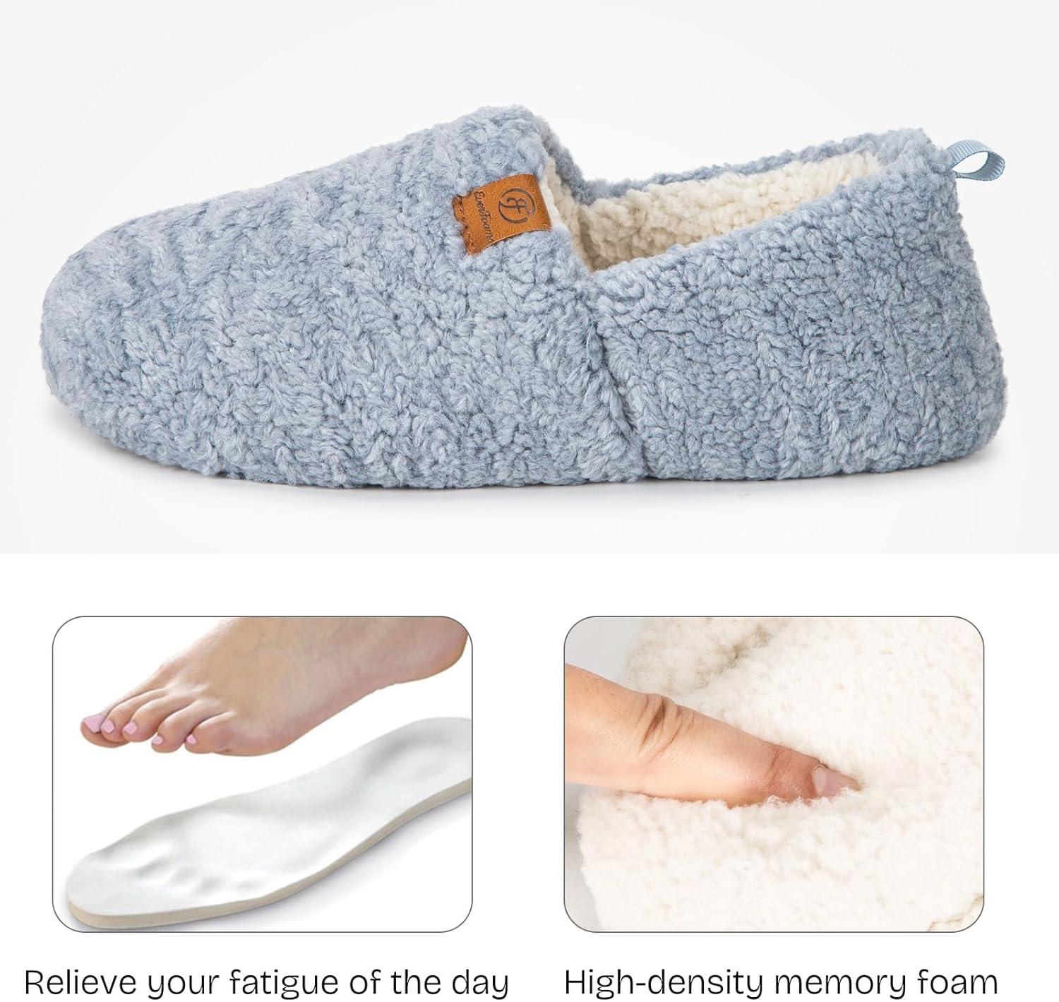 EverFoams Women’s Soft Curly Full Slippers Memory Foam Lightweight House Shoes Cozy Loafer with Polar Fleece Lining(Light Blue)