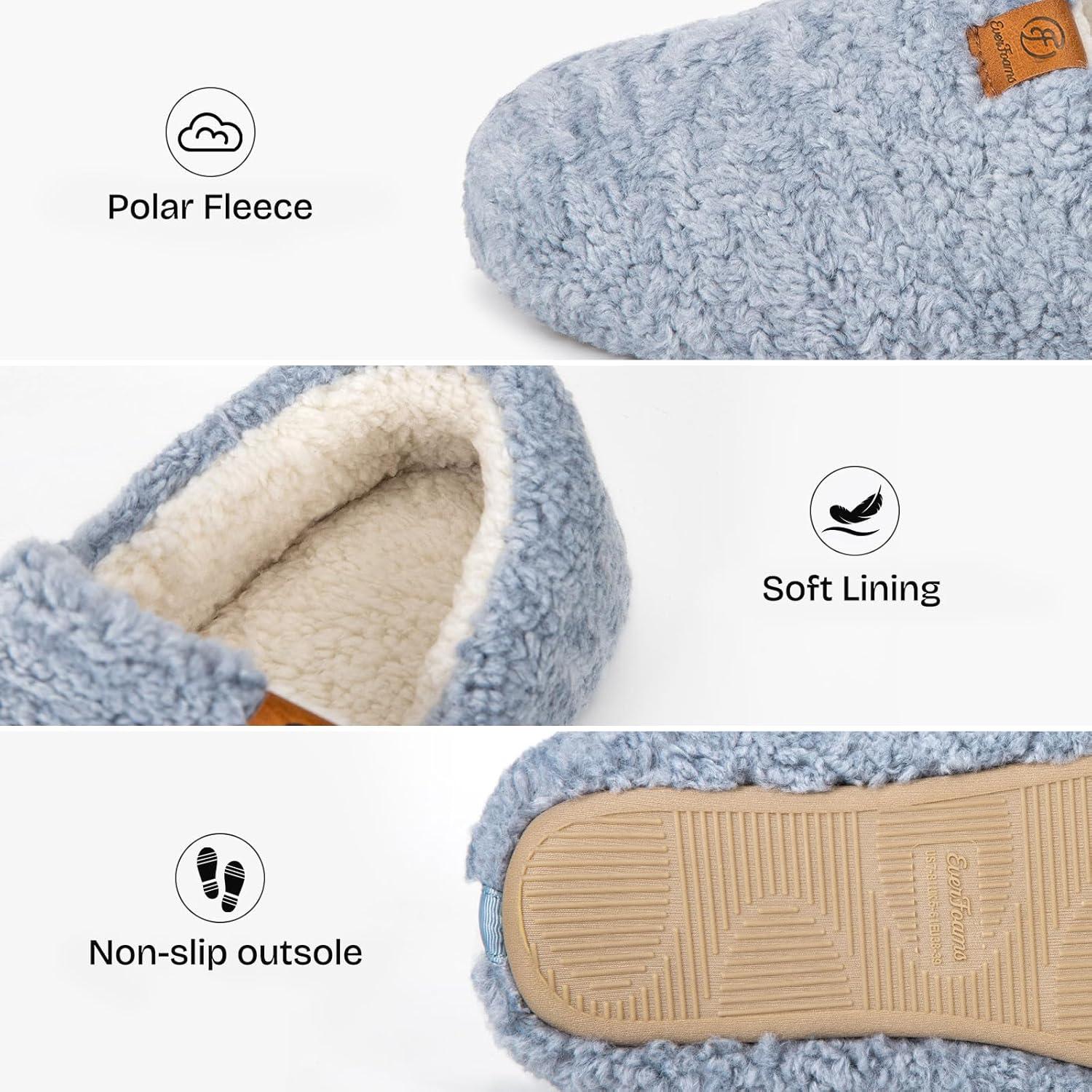 EverFoams Women’s Soft Curly Full Slippers Memory Foam Lightweight House Shoes Cozy Loafer with Polar Fleece Lining(Light Blue)